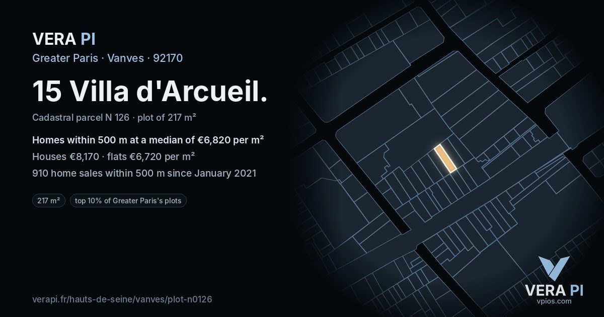 15 Villa d'Arcueil, Vanves at night – the plot lit, the parcels around coloured by the prices near them