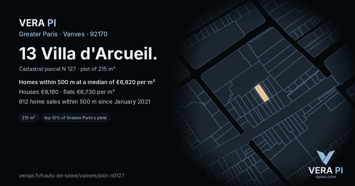 13 Villa d'Arcueil, Vanves at night – the plot lit, the parcels around coloured by the prices near them
