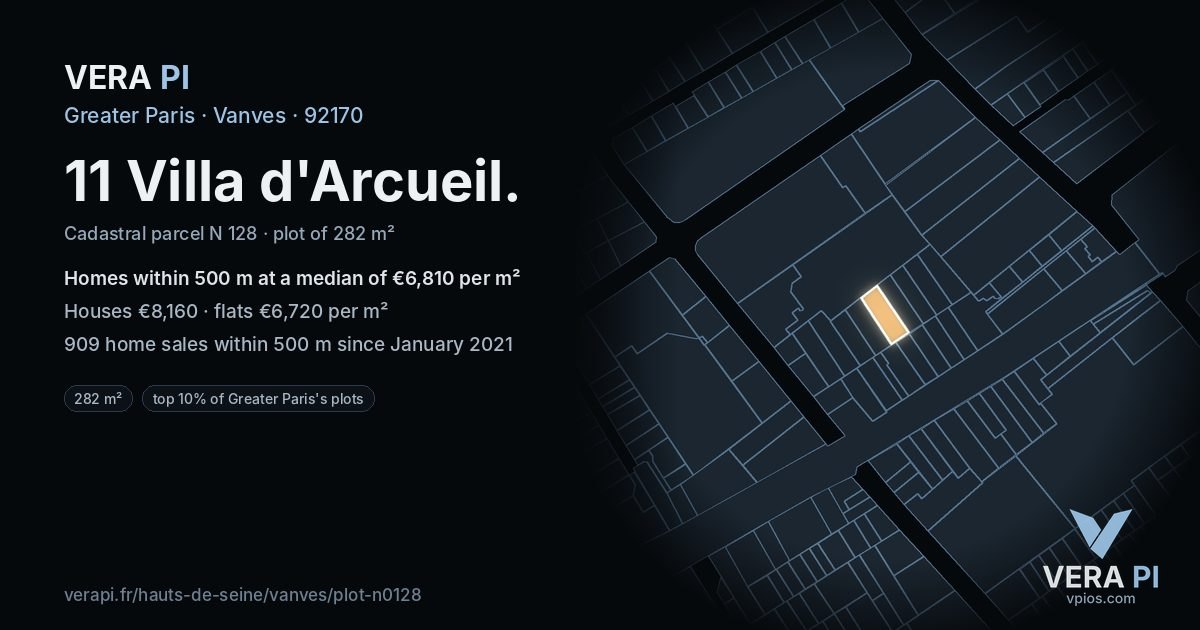 11 Villa d'Arcueil, Vanves at night – the plot lit, the parcels around coloured by the prices near them