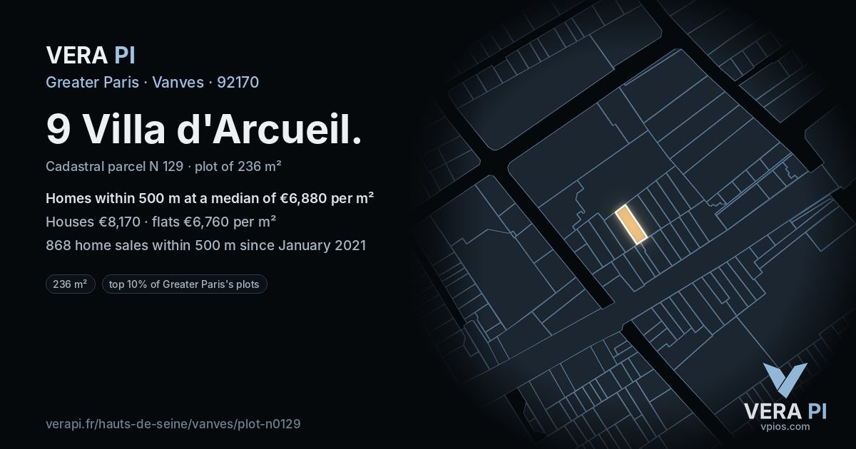 9 Villa d'Arcueil, Vanves at night – the plot lit, the parcels around coloured by the prices near them