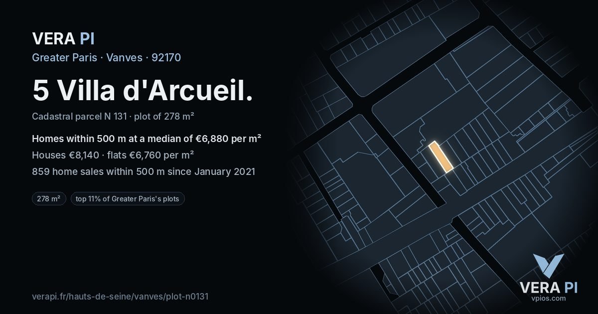 5 Villa d'Arcueil, Vanves at night – the plot lit, the parcels around coloured by the prices near them