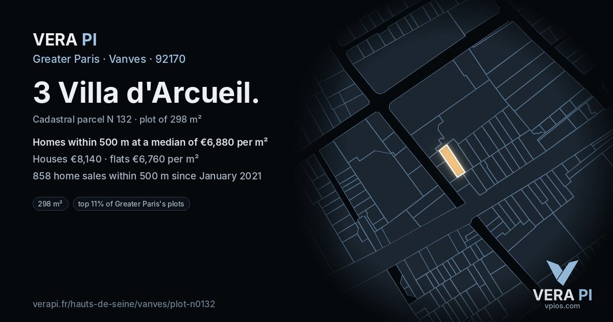 3 Villa d'Arcueil, Vanves at night – the plot lit, the parcels around coloured by the prices near them