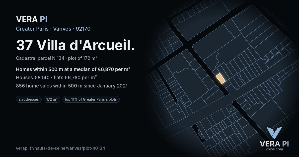 37 Villa d'Arcueil, Vanves at night – the plot lit, the parcels around coloured by the prices near them