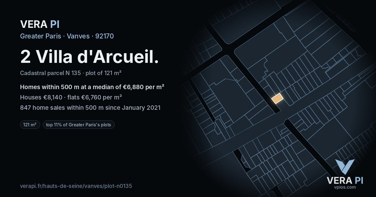 2 Villa d'Arcueil, Vanves at night – the plot lit, the parcels around coloured by the prices near them