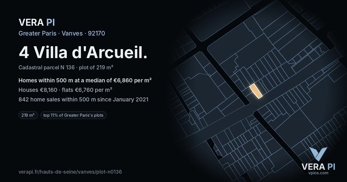 4 Villa d'Arcueil, Vanves at night – the plot lit, the parcels around coloured by the prices near them