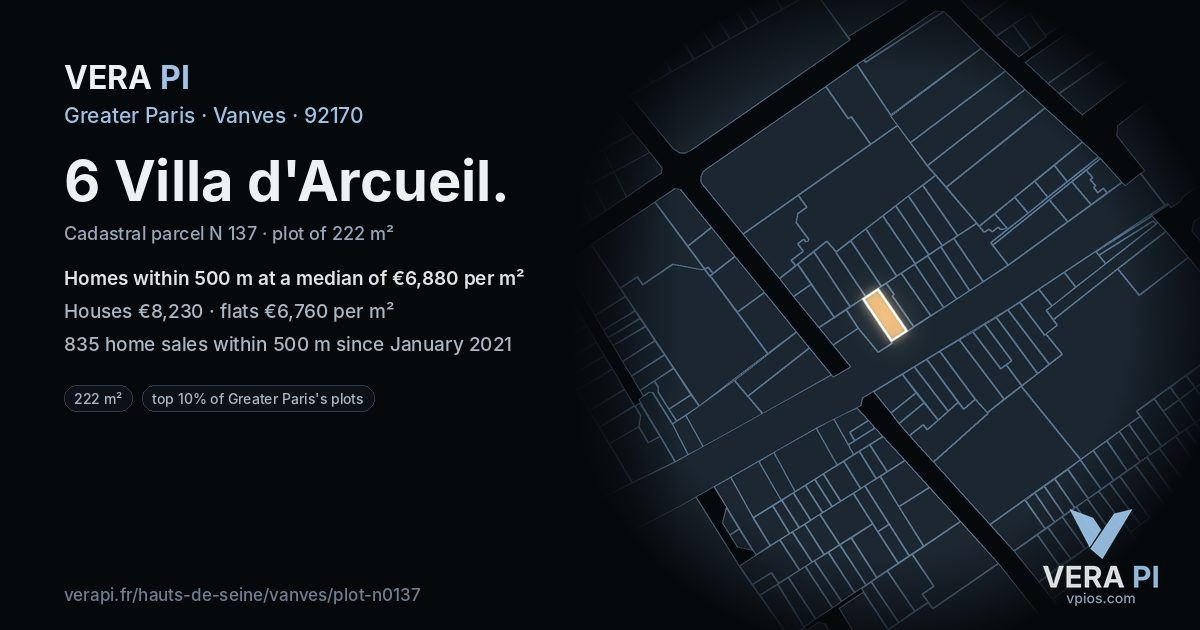 6 Villa d'Arcueil, Vanves at night – the plot lit, the parcels around coloured by the prices near them
