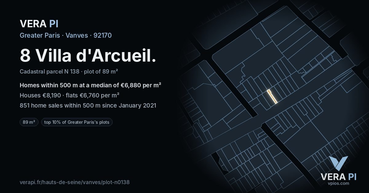 8 Villa d'Arcueil, Vanves at night – the plot lit, the parcels around coloured by the prices near them