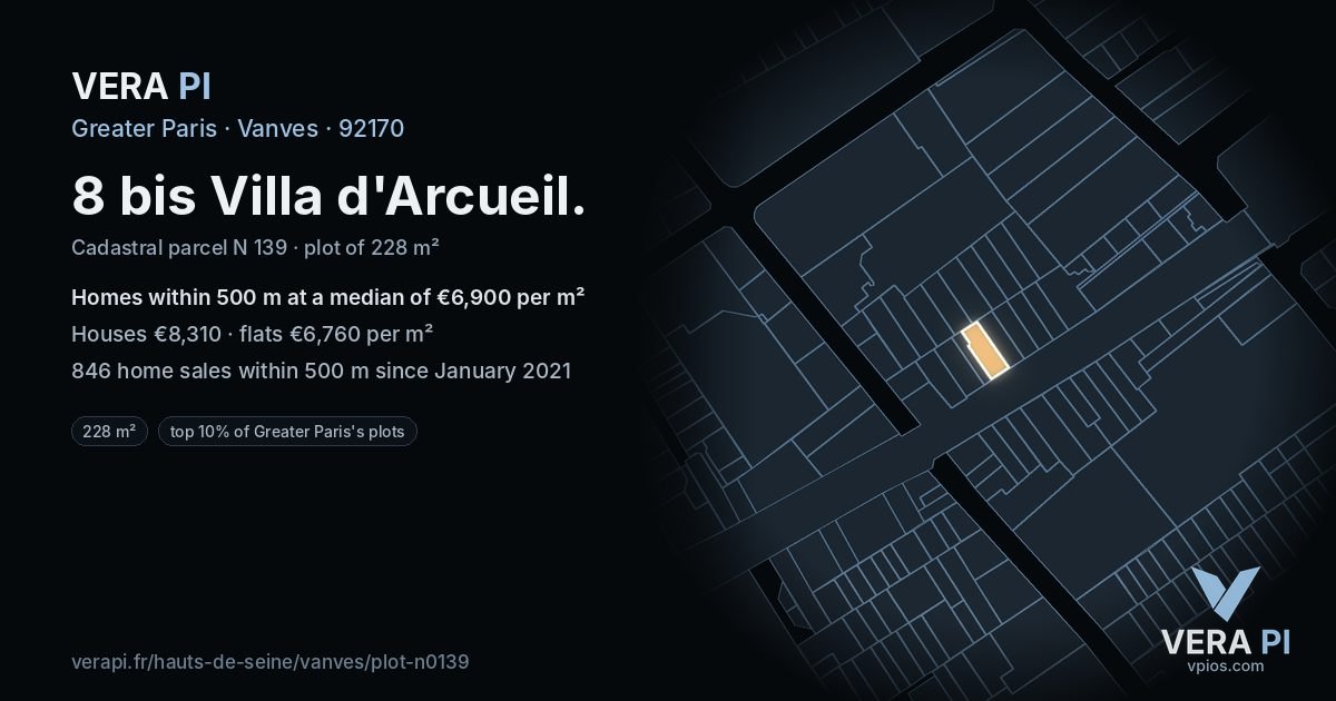 8 bis Villa d'Arcueil, Vanves at night – the plot lit, the parcels around coloured by the prices near them