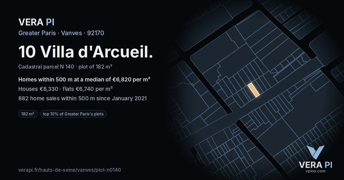 10 Villa d'Arcueil, Vanves at night – the plot lit, the parcels around coloured by the prices near them