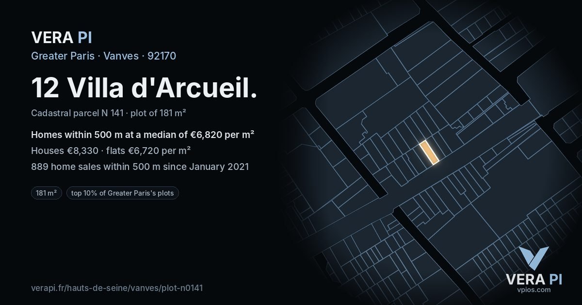 12 Villa d'Arcueil, Vanves at night – the plot lit, the parcels around coloured by the prices near them