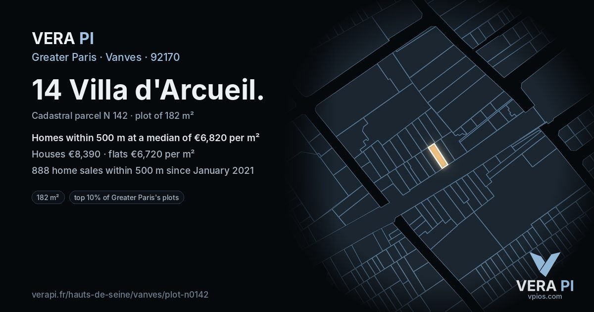 14 Villa d'Arcueil, Vanves at night – the plot lit, the parcels around coloured by the prices near them