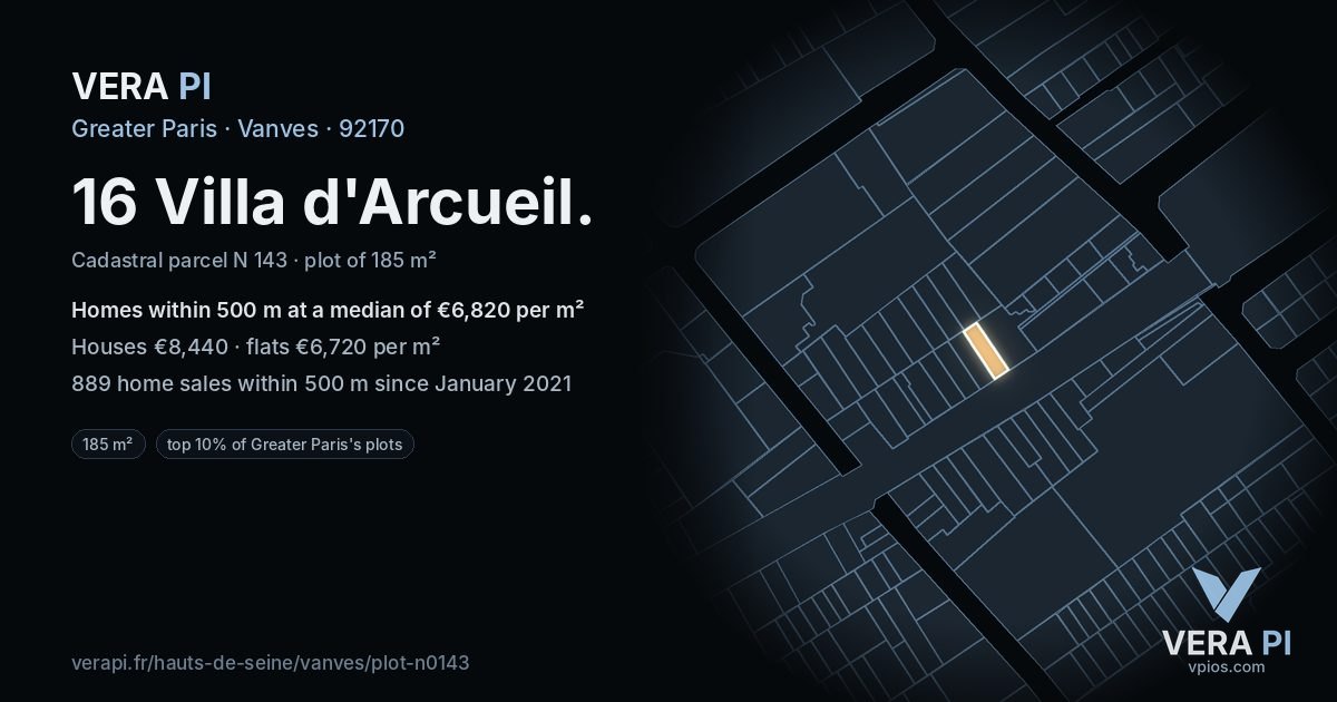 16 Villa d'Arcueil, Vanves at night – the plot lit, the parcels around coloured by the prices near them