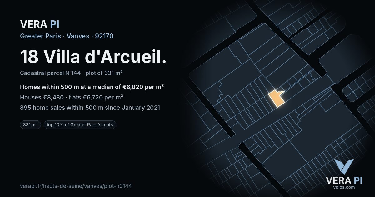 18 Villa d'Arcueil, Vanves at night – the plot lit, the parcels around coloured by the prices near them