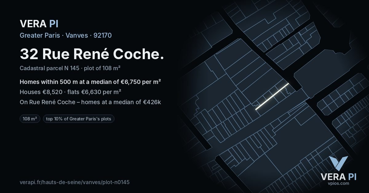 32 Rue René Coche, Vanves at night – the plot lit, the parcels around coloured by the prices near them