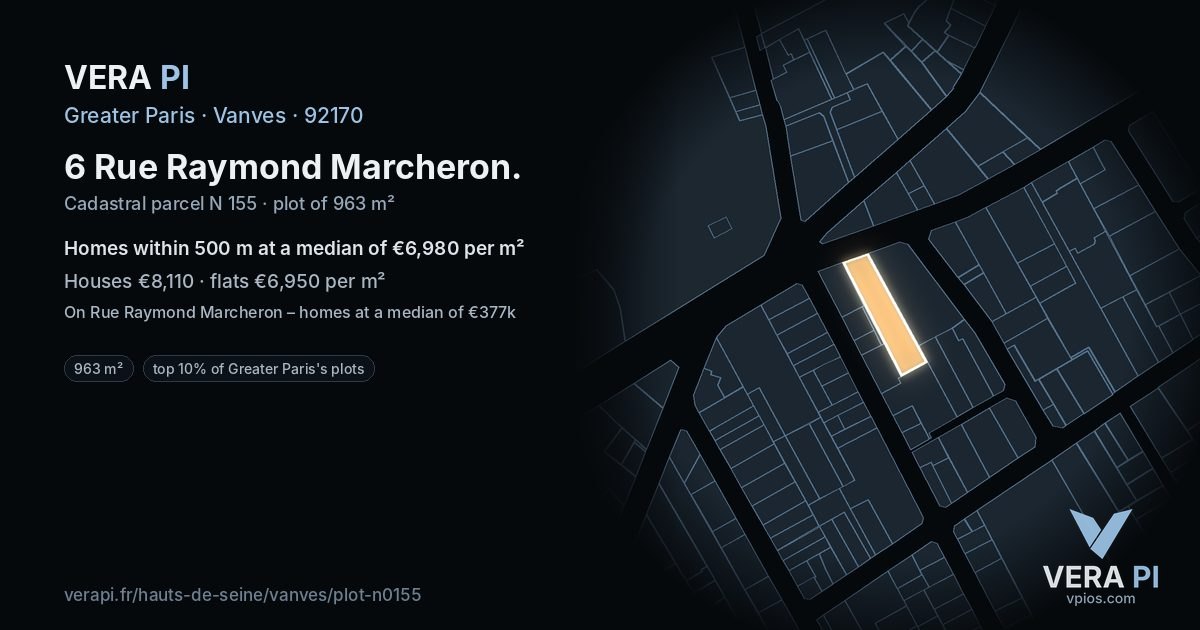 6 Rue Raymond Marcheron, Vanves at night – the plot lit, the parcels around coloured by the prices near them