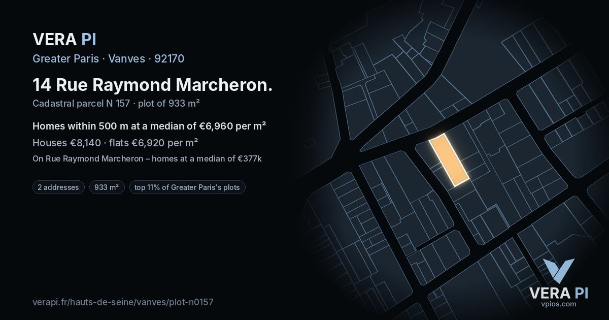 14 Rue Raymond Marcheron, Vanves at night – the plot lit, the parcels around coloured by the prices near them