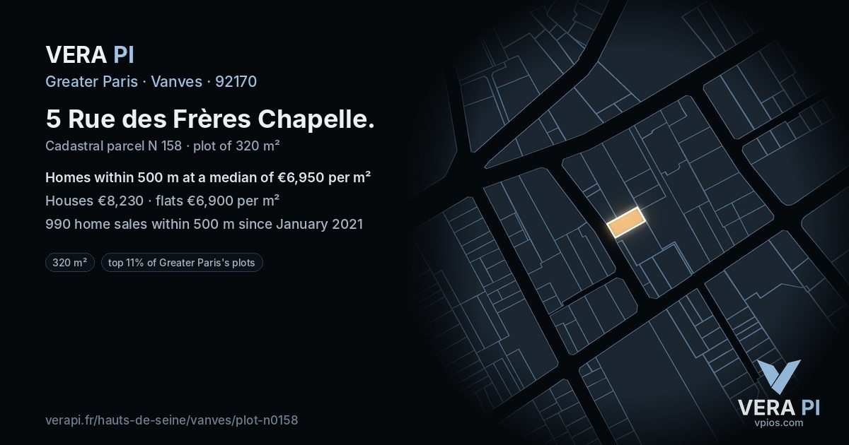 5 Rue des Frères Chapelle, Vanves at night – the plot lit, the parcels around coloured by the prices near them