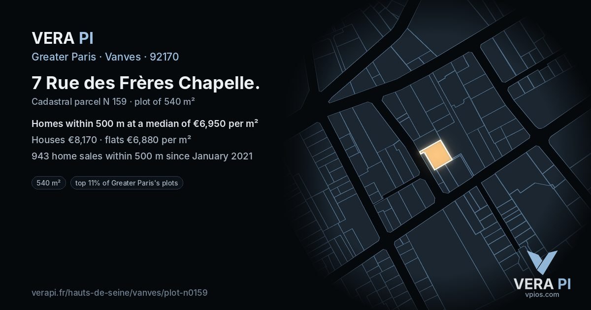 7 Rue des Frères Chapelle, Vanves at night – the plot lit, the parcels around coloured by the prices near them