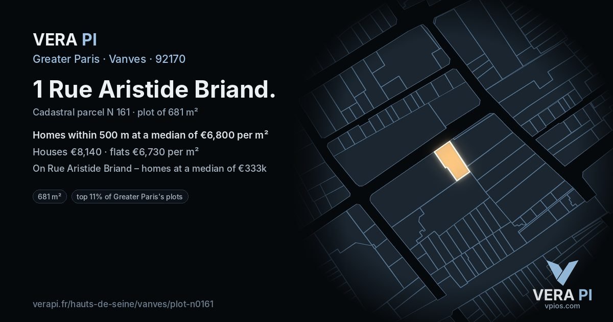 1 Rue Aristide Briand, Vanves at night – the plot lit, the parcels around coloured by the prices near them