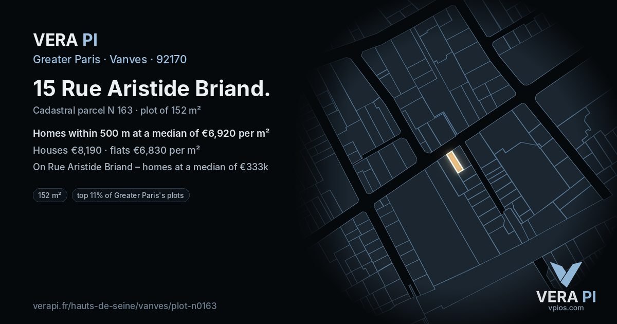 15 Rue Aristide Briand, Vanves at night – the plot lit, the parcels around coloured by the prices near them
