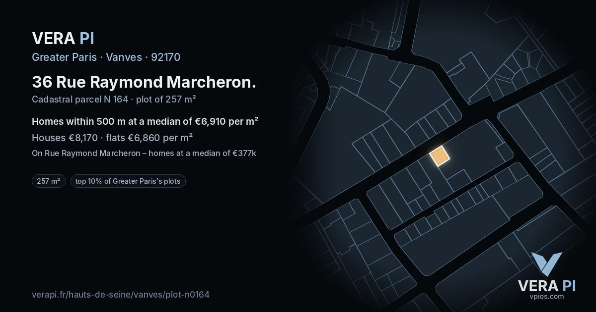 36 Rue Raymond Marcheron, Vanves at night – the plot lit, the parcels around coloured by the prices near them