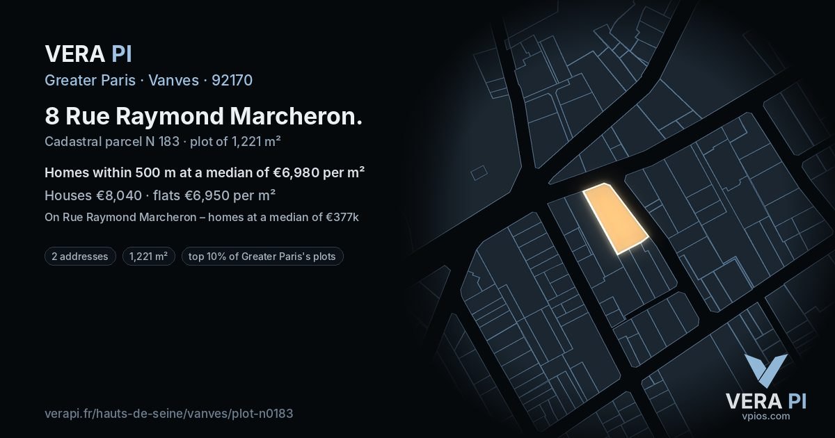 8 Rue Raymond Marcheron, Vanves at night – the plot lit, the parcels around coloured by the prices near them