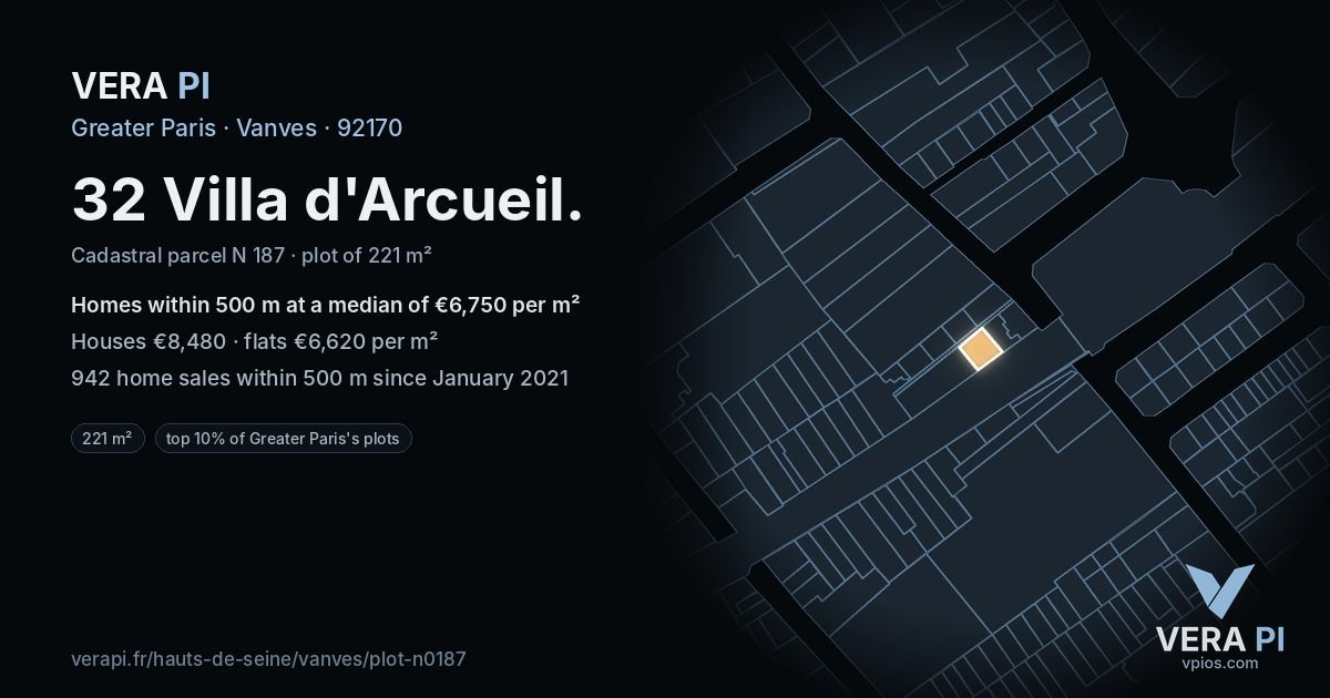 32 Villa d'Arcueil, Vanves at night – the plot lit, the parcels around coloured by the prices near them