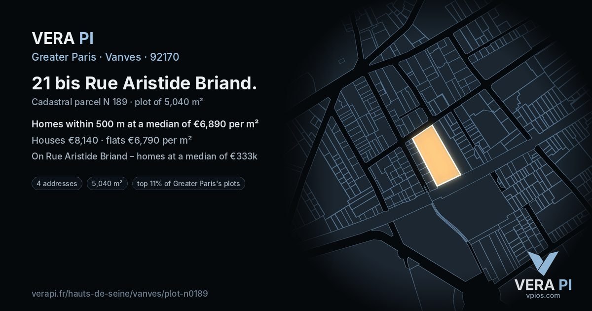 21 bis Rue Aristide Briand, Vanves at night – the plot lit, the parcels around coloured by the prices near them