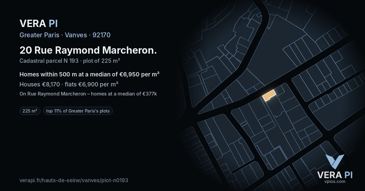 20 Rue Raymond Marcheron, Vanves at night – the plot lit, the parcels around coloured by the prices near them