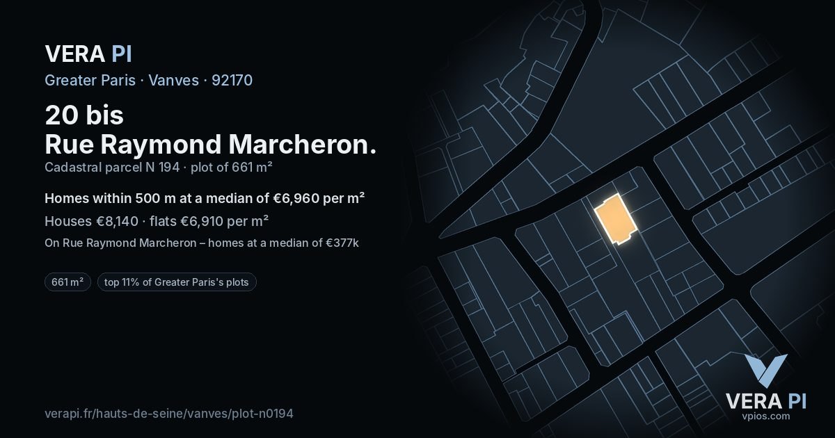 20 bis Rue Raymond Marcheron, Vanves at night – the plot lit, the parcels around coloured by the prices near them