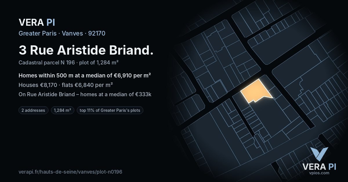 3 Rue Aristide Briand, Vanves at night – the plot lit, the parcels around coloured by the prices near them