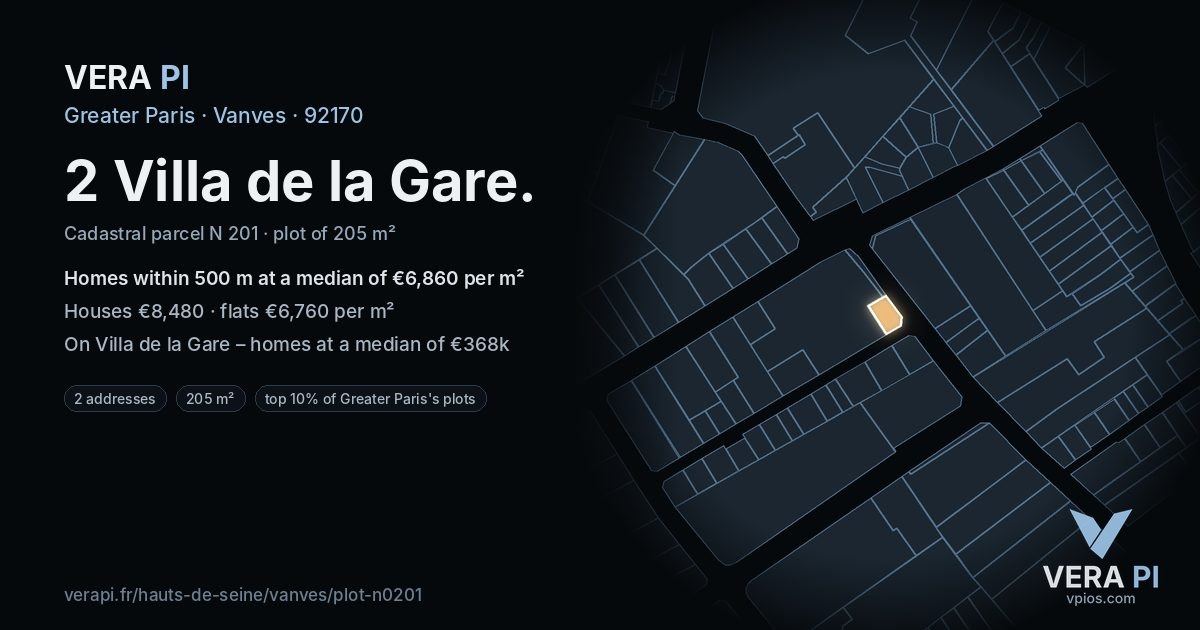 2 Villa de la Gare, Vanves at night – the plot lit, the parcels around coloured by the prices near them