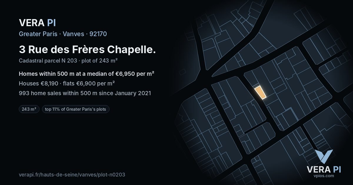 3 Rue des Frères Chapelle, Vanves at night – the plot lit, the parcels around coloured by the prices near them