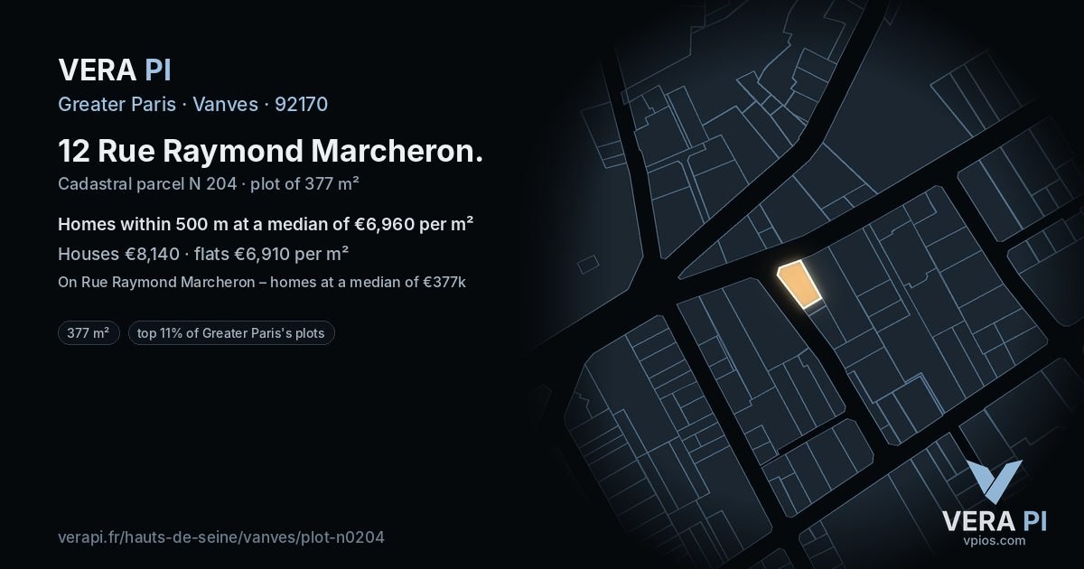 12 Rue Raymond Marcheron, Vanves at night – the plot lit, the parcels around coloured by the prices near them