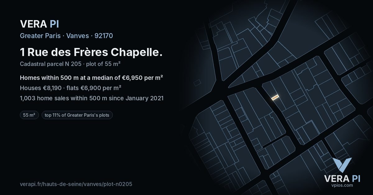 1 Rue des Frères Chapelle, Vanves at night – the plot lit, the parcels around coloured by the prices near them