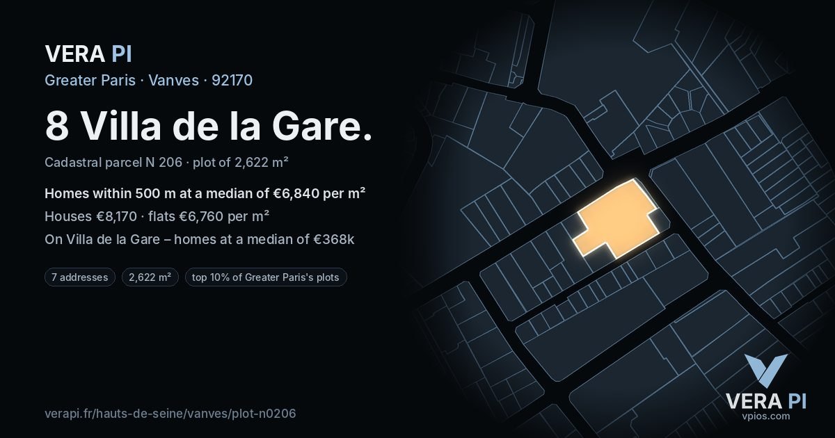 8 Villa de la Gare, Vanves at night – the plot lit, the parcels around coloured by the prices near them