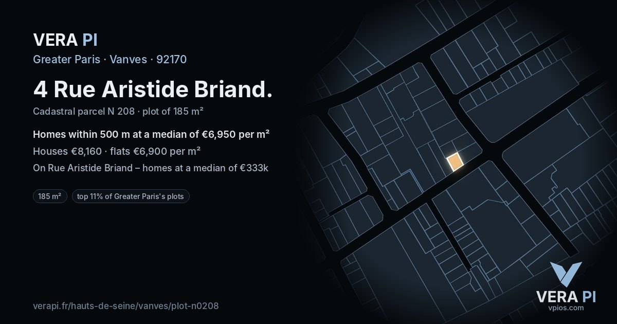 4 Rue Aristide Briand, Vanves at night – the plot lit, the parcels around coloured by the prices near them
