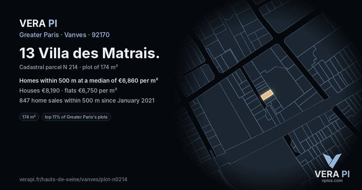 13 Villa des Matrais, Vanves at night – the plot lit, the parcels around coloured by the prices near them