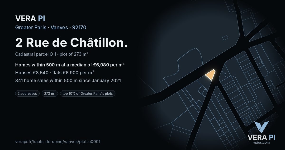 2 Rue de Châtillon, Vanves at night – the plot lit, the parcels around coloured by the prices near them