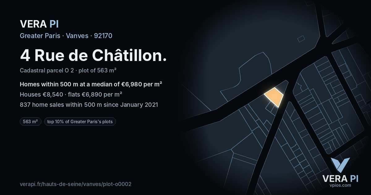 4 Rue de Châtillon, Vanves at night – the plot lit, the parcels around coloured by the prices near them