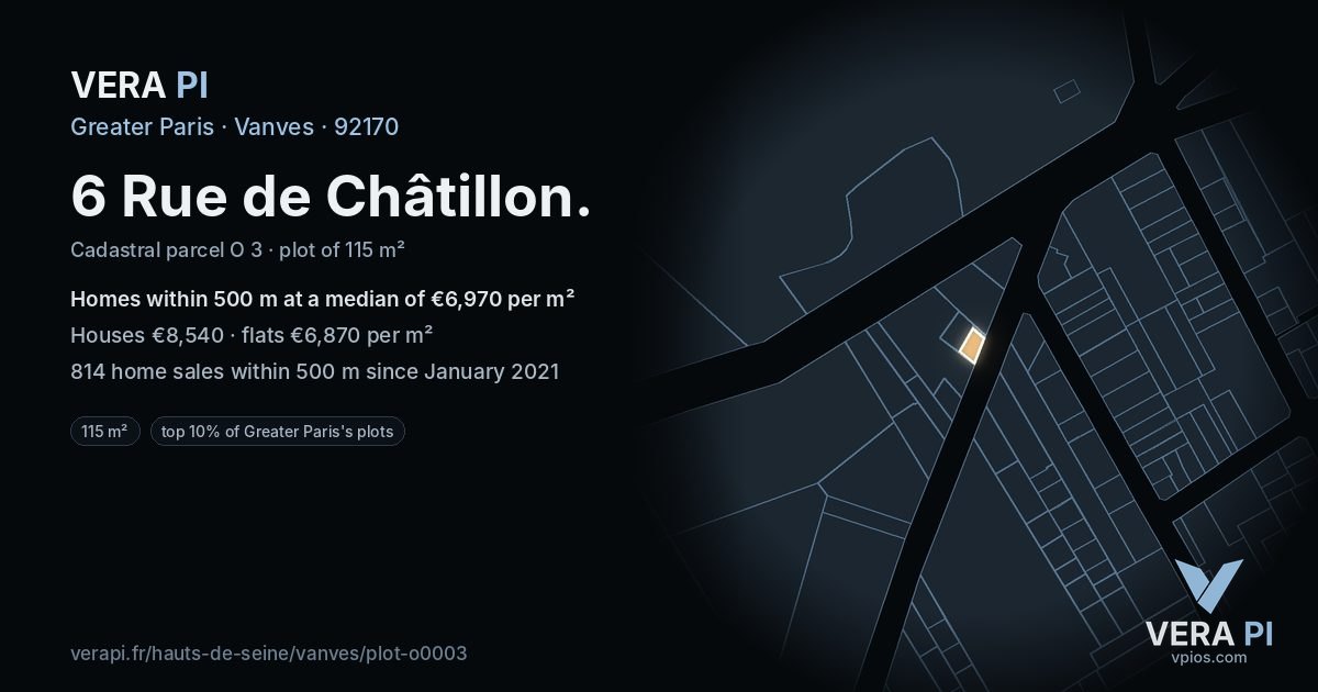 6 Rue de Châtillon, Vanves at night – the plot lit, the parcels around coloured by the prices near them