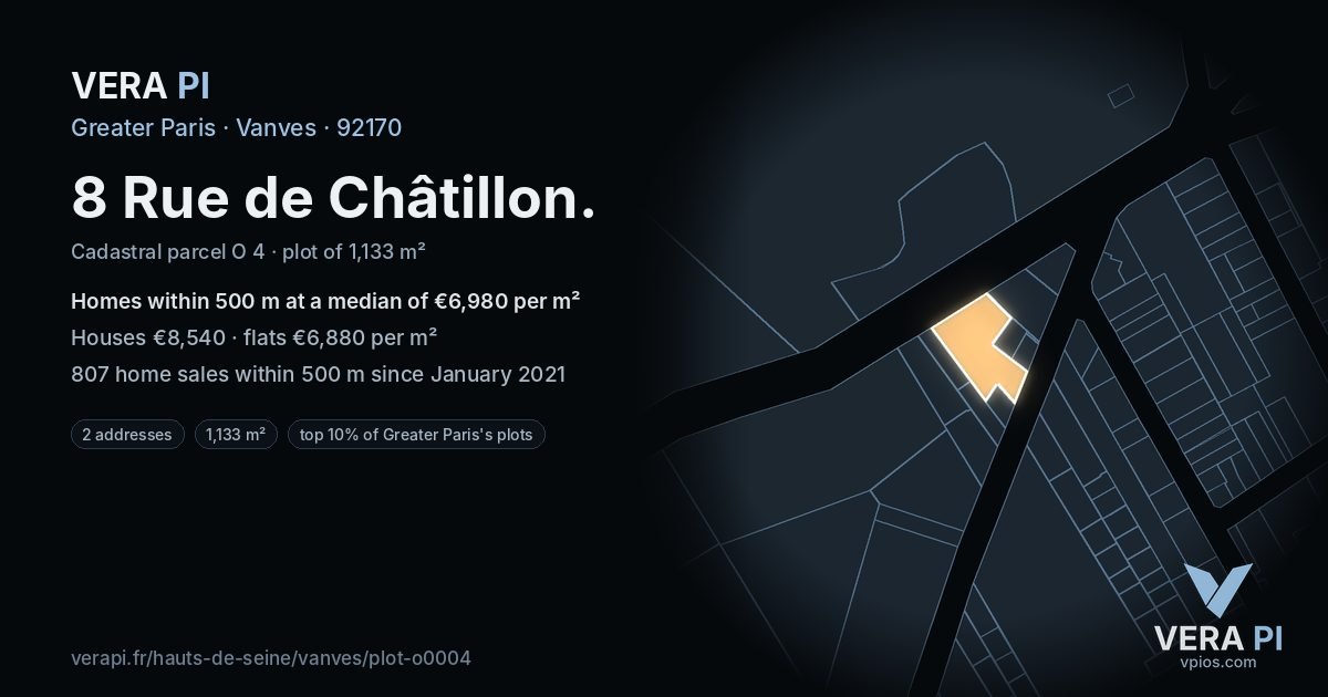 8 Rue de Châtillon, Vanves at night – the plot lit, the parcels around coloured by the prices near them