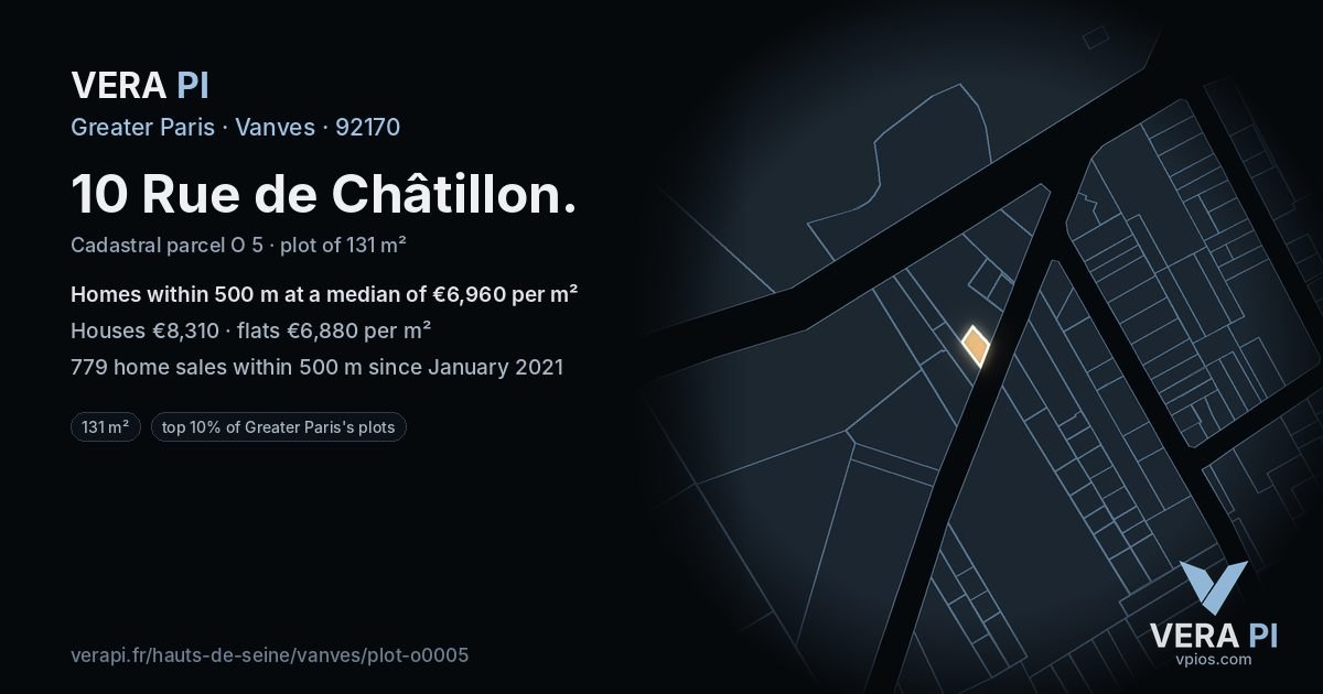 10 Rue de Châtillon, Vanves at night – the plot lit, the parcels around coloured by the prices near them