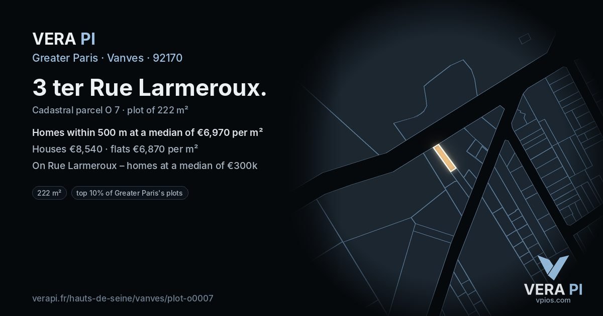 3 ter Rue Larmeroux, Vanves at night – the plot lit, the parcels around coloured by the prices near them