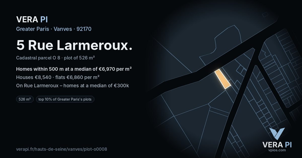 5 Rue Larmeroux, Vanves at night – the plot lit, the parcels around coloured by the prices near them