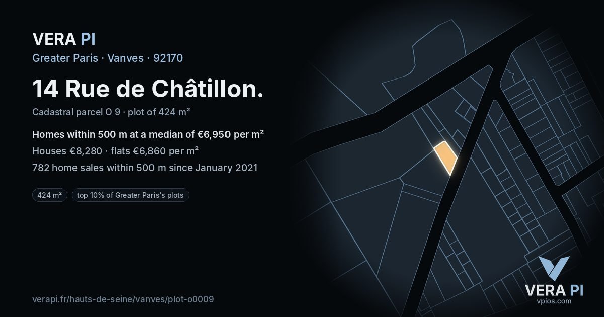 14 Rue de Châtillon, Vanves at night – the plot lit, the parcels around coloured by the prices near them