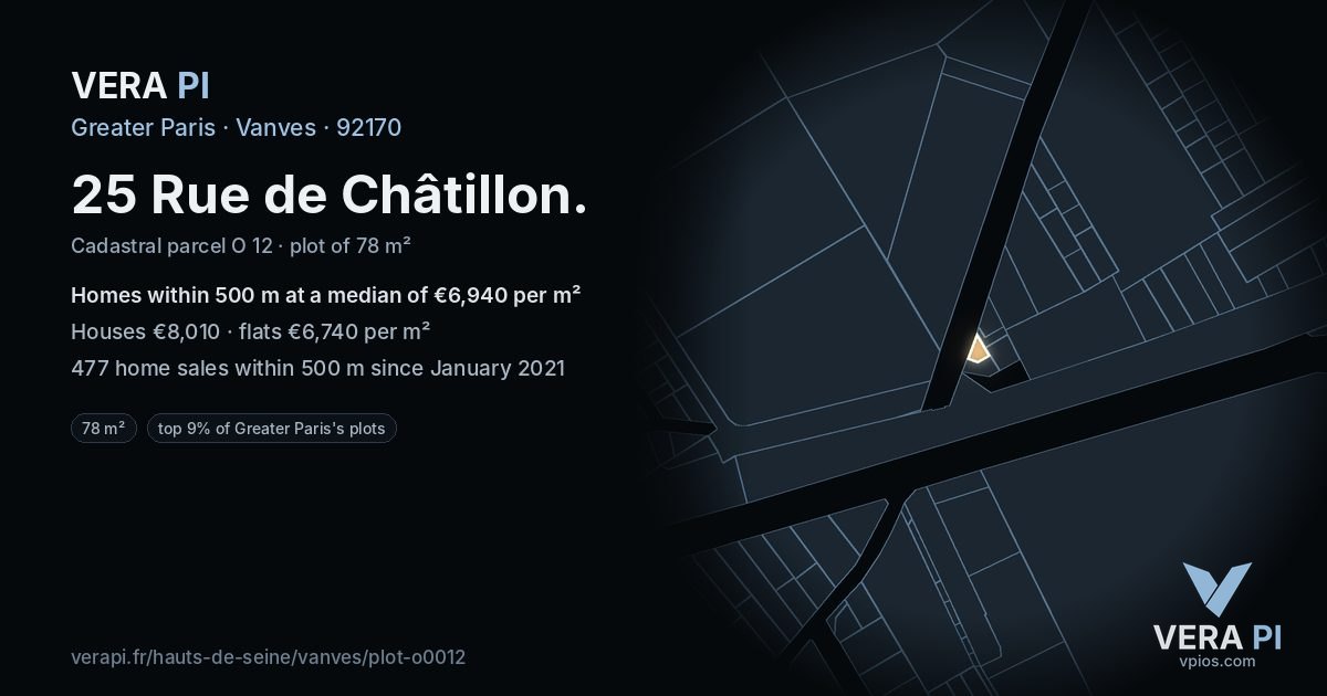 25 Rue de Châtillon, Vanves at night – the plot lit, the parcels around coloured by the prices near them