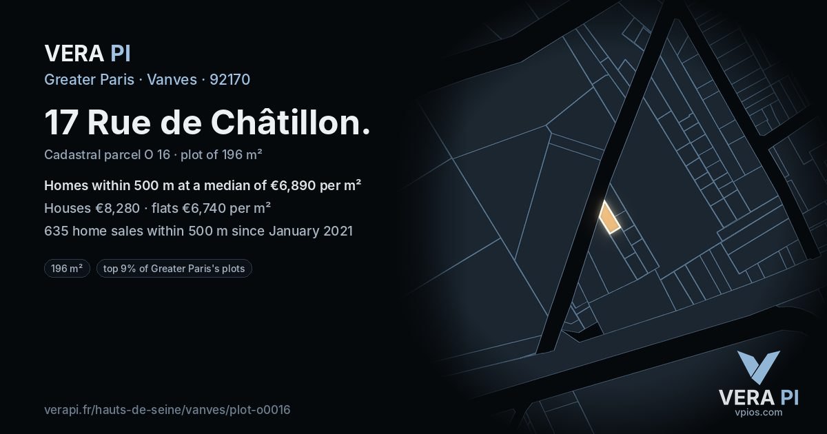 17 Rue de Châtillon, Vanves at night – the plot lit, the parcels around coloured by the prices near them