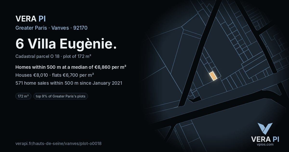 6 Villa Eugènie, Vanves at night – the plot lit, the parcels around coloured by the prices near them