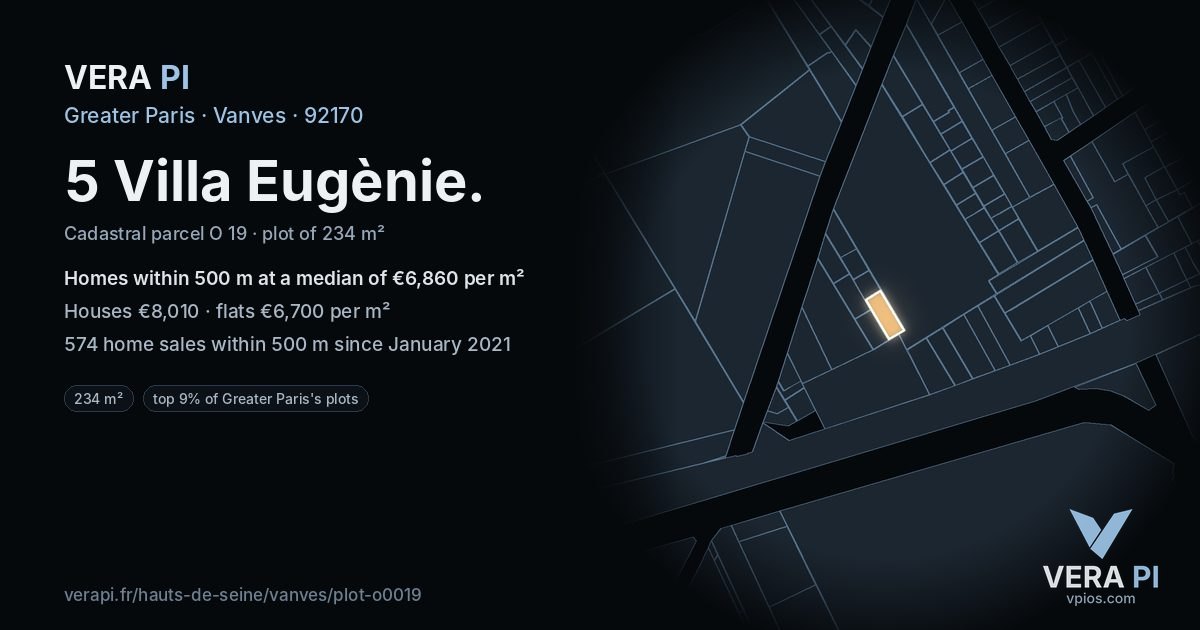 5 Villa Eugènie, Vanves at night – the plot lit, the parcels around coloured by the prices near them